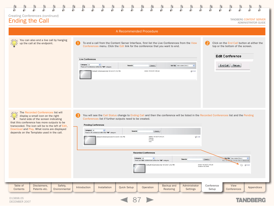 Ending the call, A recommended procedure, Pending conferences | TANDBERG S3 User Manual | Page 87 / 127