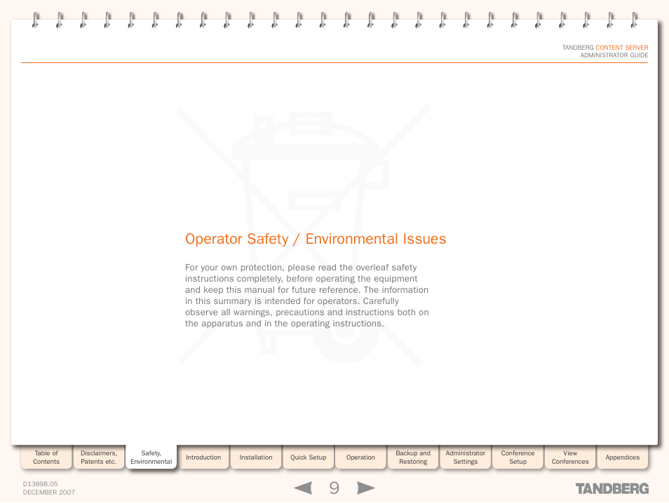Operator safety / environmental issues, Safety, Environmental | Licenses | TANDBERG S3 User Manual | Page 9 / 127