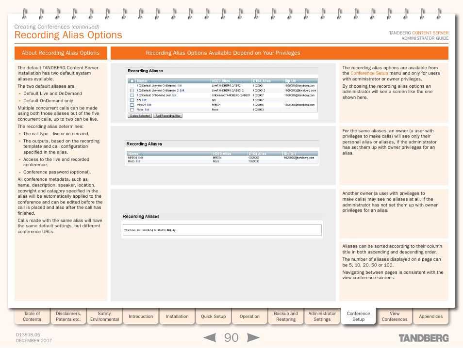 Recording alias options, About recording alias options, On your privileges | Recording aliases | TANDBERG S3 User Manual | Page 90 / 127