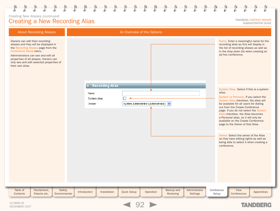 Creating a new recording alias, About recording aliases, An overview of the options | About recording aliases an overview of the options | TANDBERG S3 User Manual | Page 92 / 127