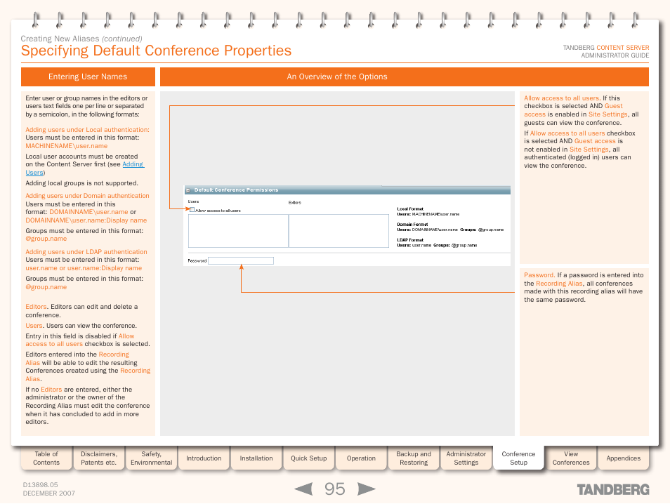 Specifying default conference properties, Entering user names, An overview of the options | Entering user names an overview of the options | TANDBERG S3 User Manual | Page 95 / 127