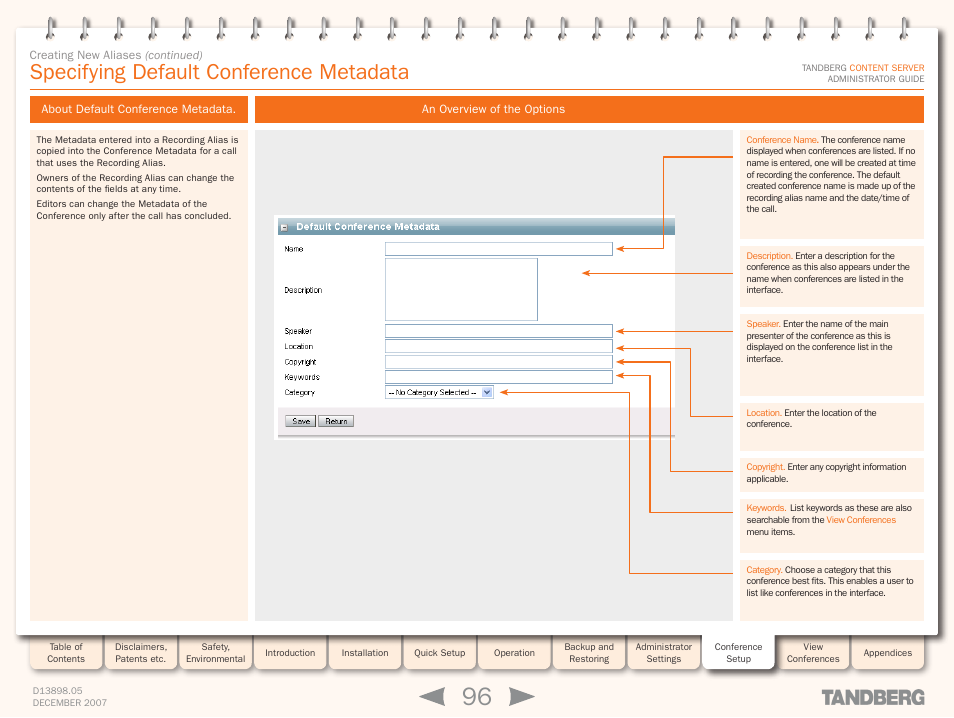 Specifying default conference metadata, About default conference metadata, An overview of the options | TANDBERG S3 User Manual | Page 96 / 127