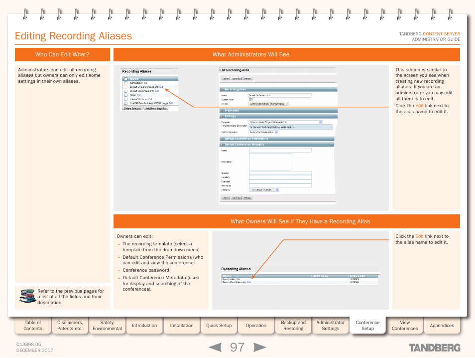 Editing recording aliases, Who can edit what, What administrators will see | TANDBERG S3 User Manual | Page 97 / 127
