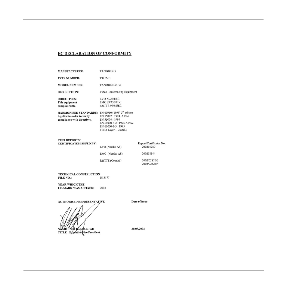 Appendix 2: declaration of conformity | TANDBERG D13187-03 User Manual | Page 60 / 63