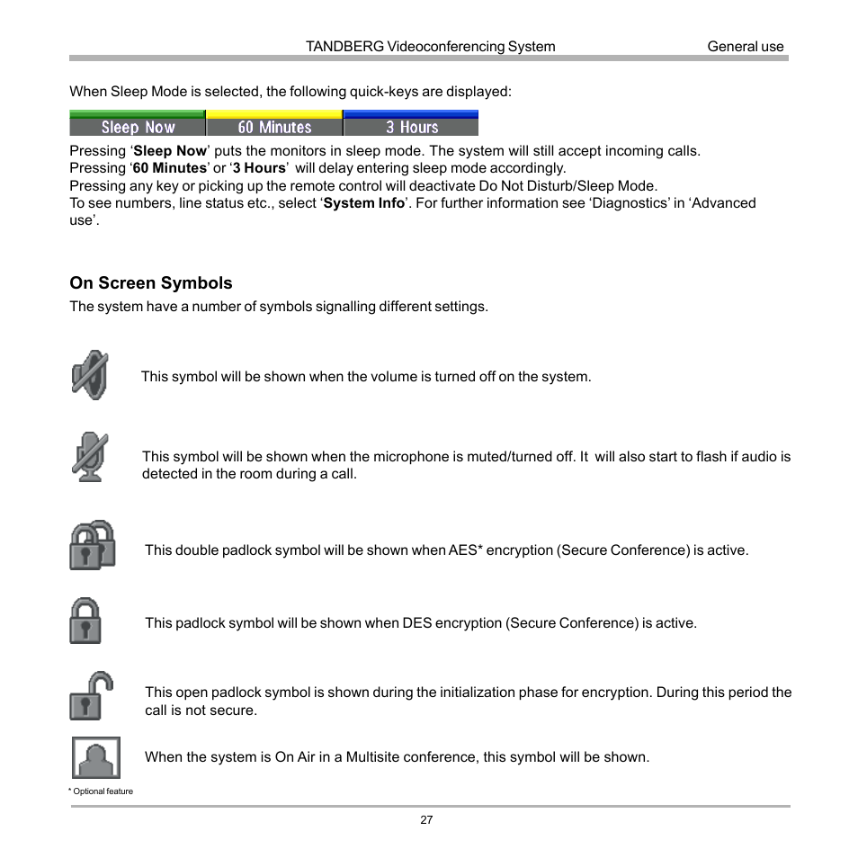 On screen symbols | TANDBERG D12817-05 User Manual | Page 27 / 82