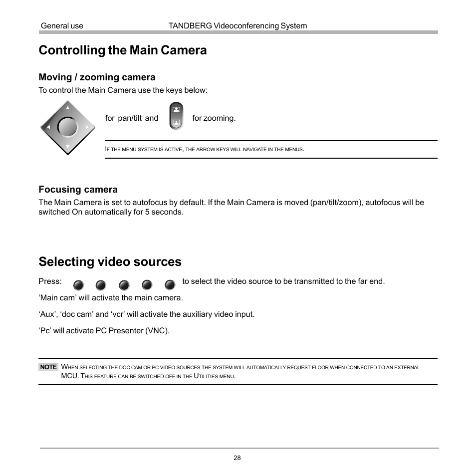 Controlling the main camera, Selecting video sources, Moving / zooming camera | Focusing camera | TANDBERG D12817-05 User Manual | Page 28 / 82