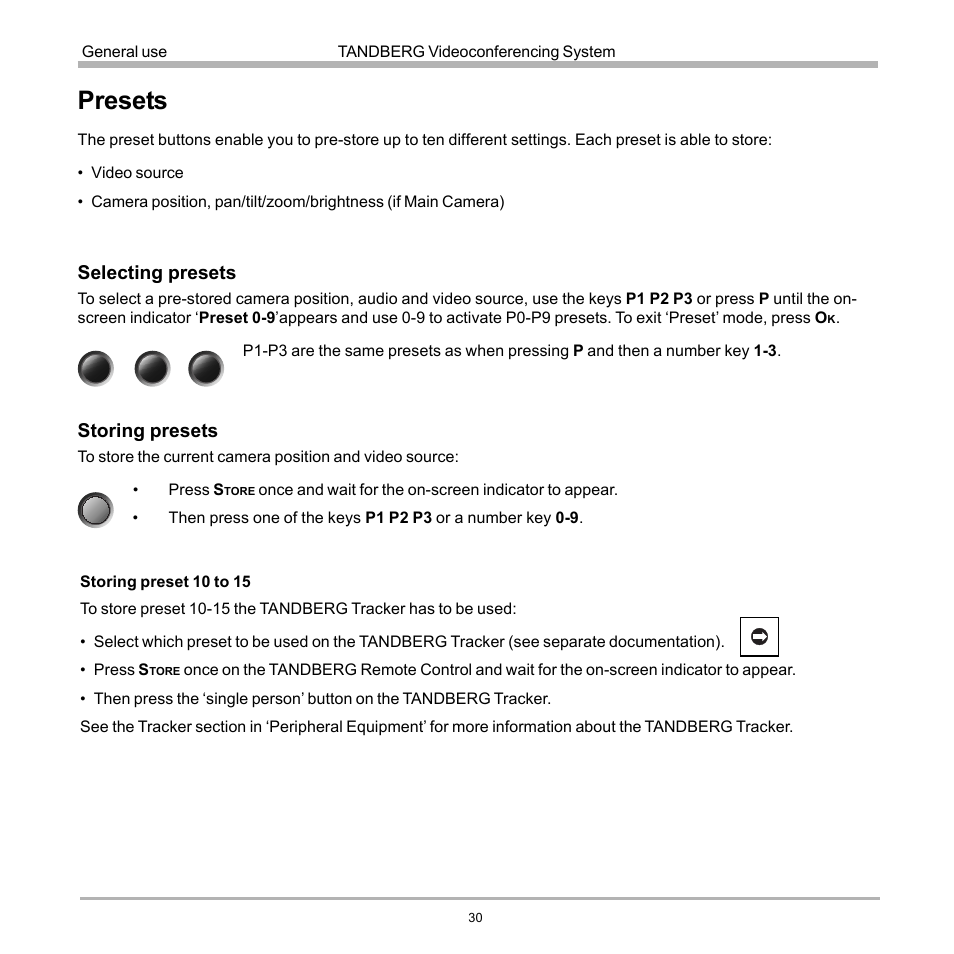 Presets, Selecting presets, Storing presets | TANDBERG D12817-05 User Manual | Page 30 / 82