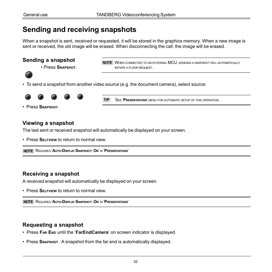 Sending and receiving snapshots, Sending a snapshot, Viewing a snapshot | Receiving a snapshot, Requesting a snapshot | TANDBERG D12817-05 User Manual | Page 32 / 82