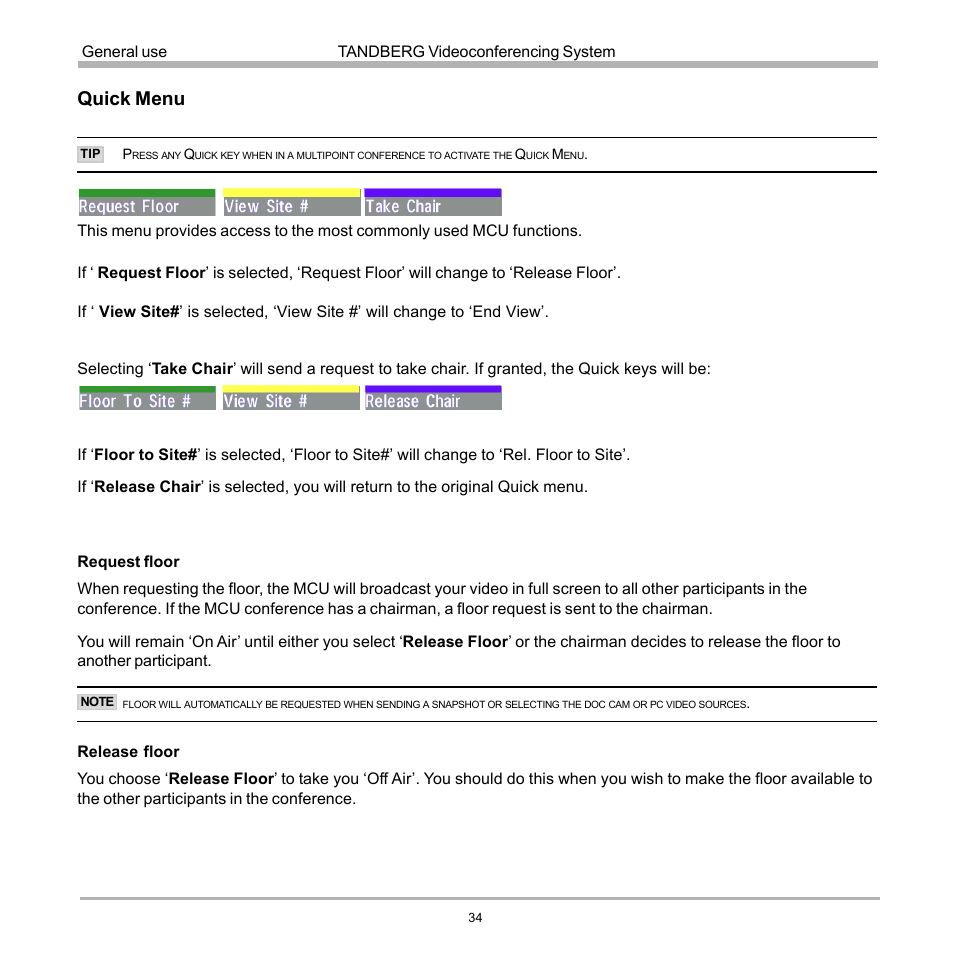 Quick menu | TANDBERG D12817-05 User Manual | Page 34 / 82