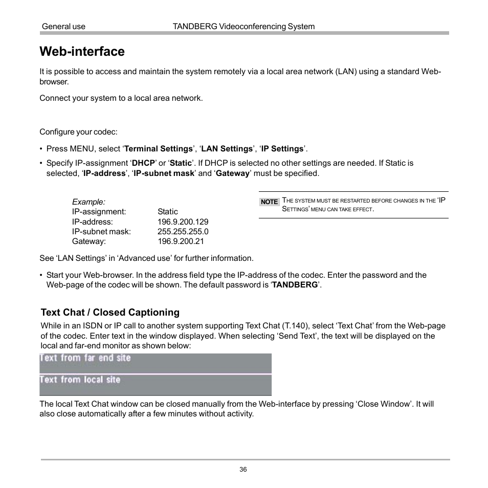 Web-interface, Text chat / closed captioning | TANDBERG D12817-05 User Manual | Page 36 / 82