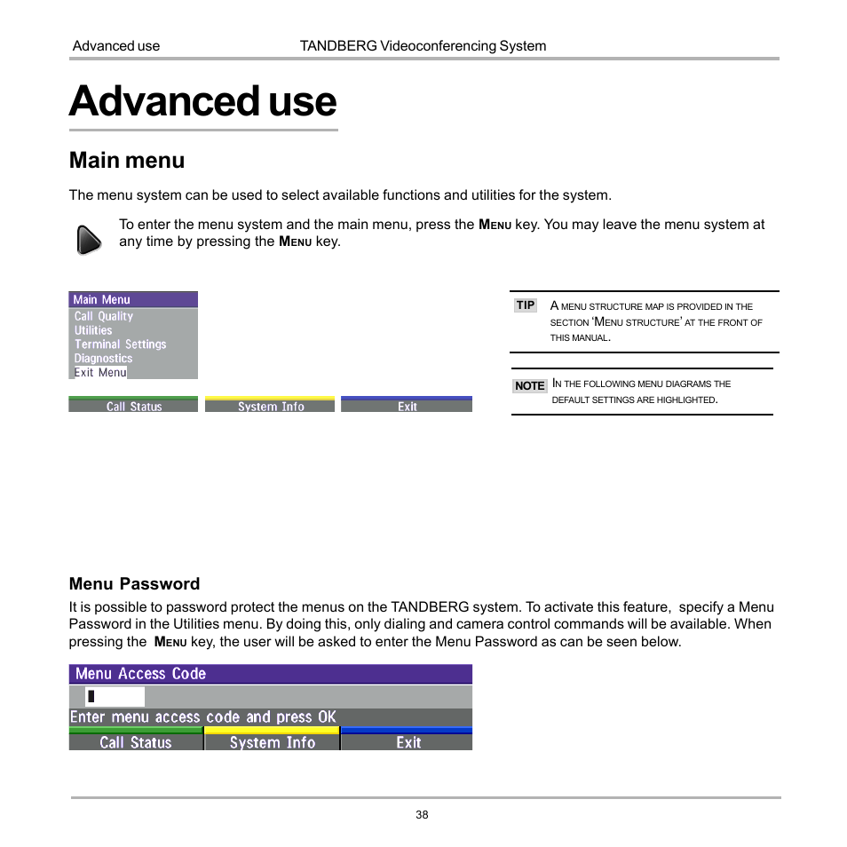 Advanced use, Main menu, Menu password | TANDBERG D12817-05 User Manual | Page 38 / 82