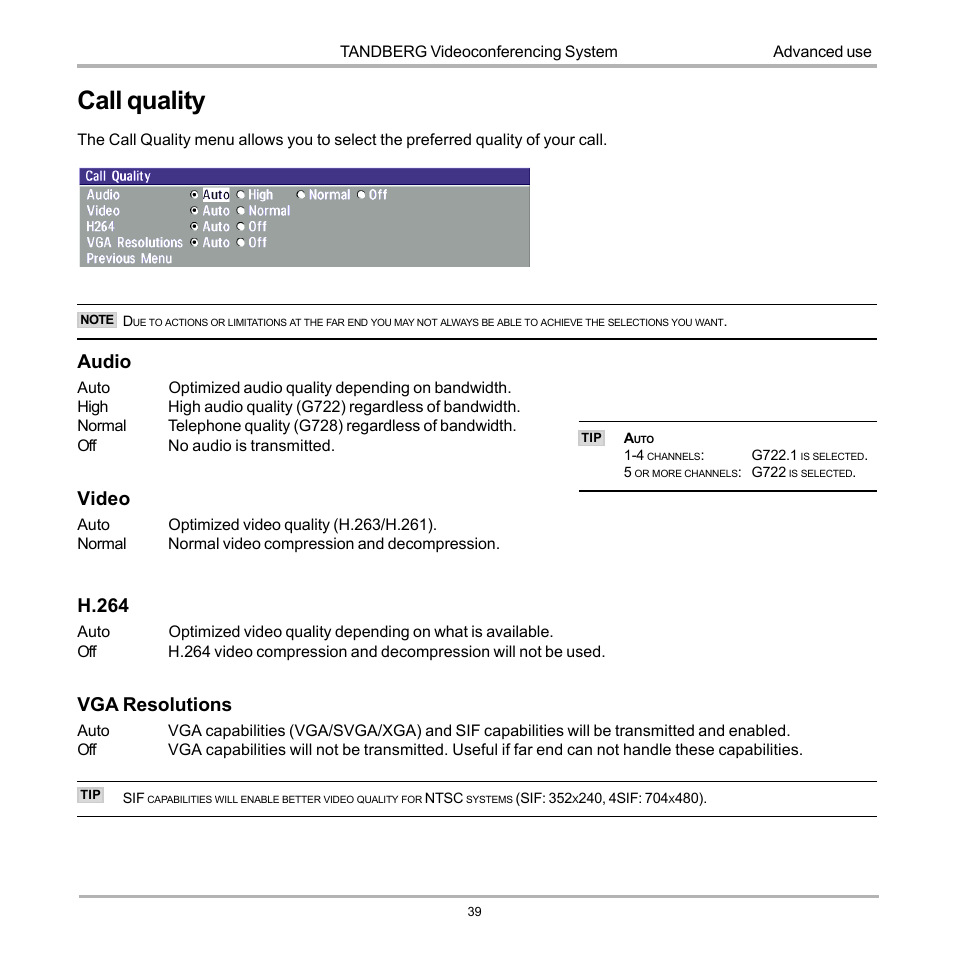 Call quality, Audio, Video | H.264, Vga resolutions | TANDBERG D12817-05 User Manual | Page 39 / 82