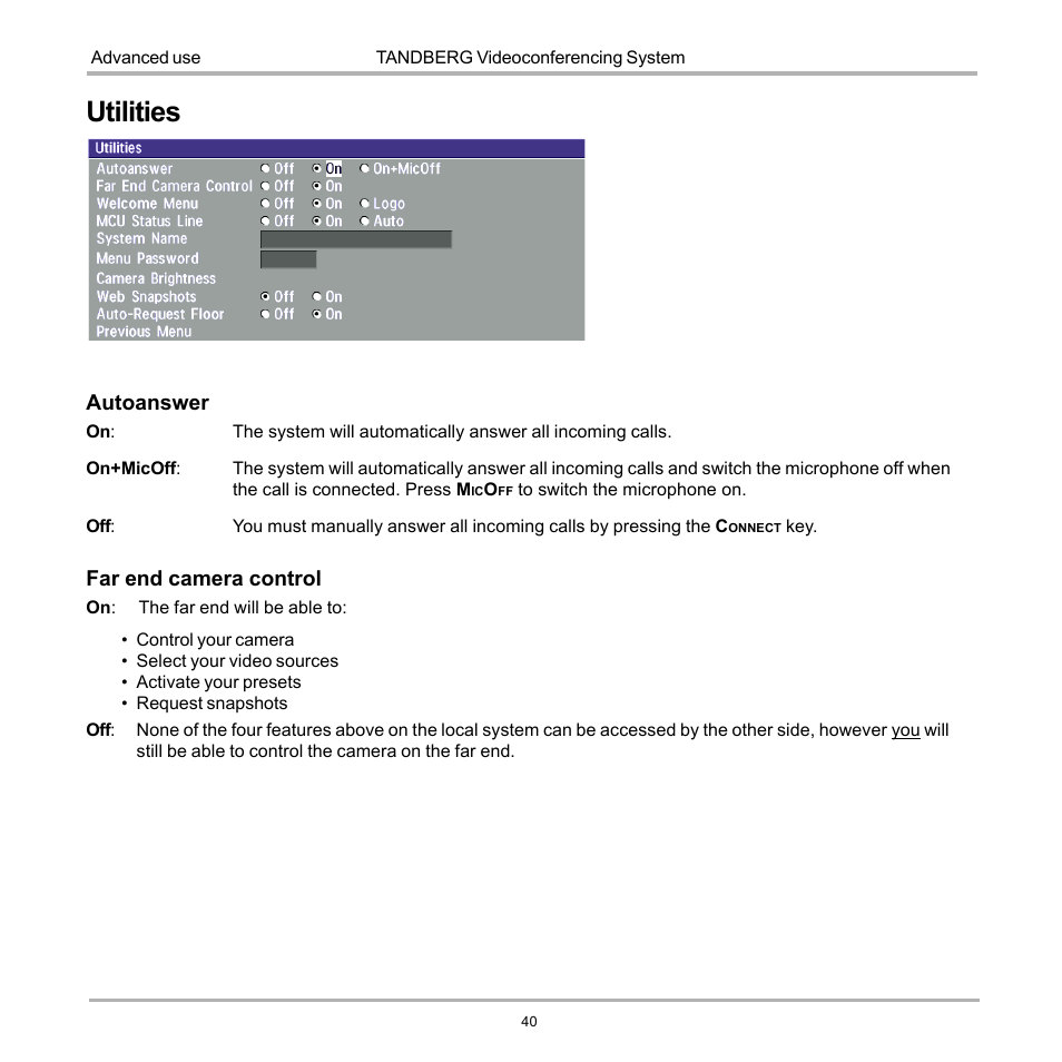 Utilities | TANDBERG D12817-05 User Manual | Page 40 / 82