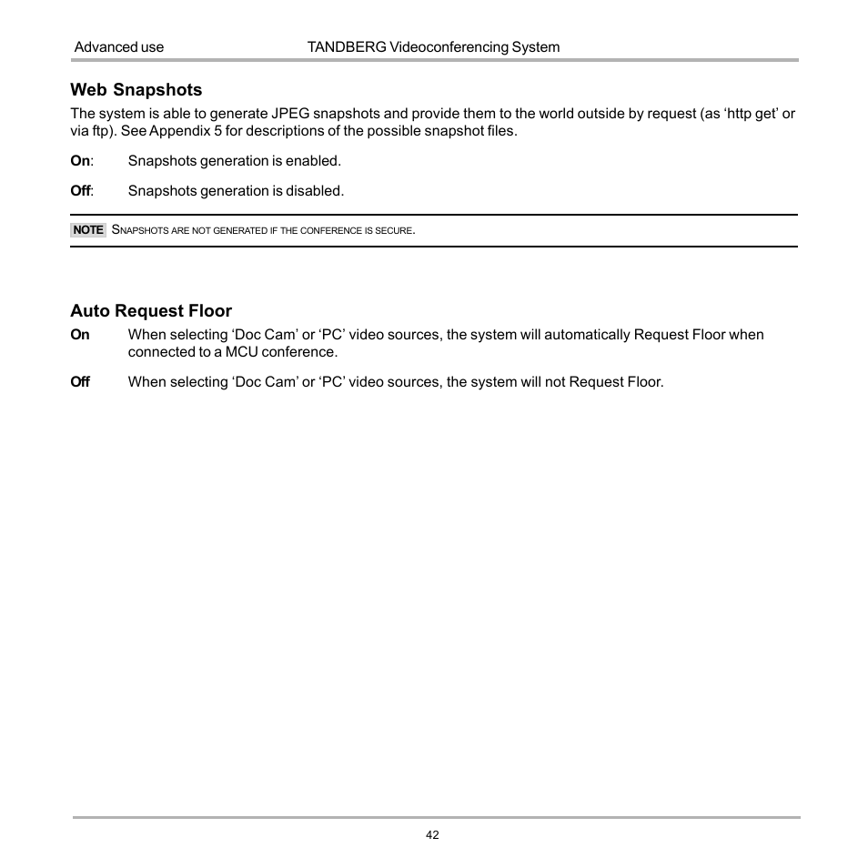 Web snapshots, Auto request floor | TANDBERG D12817-05 User Manual | Page 42 / 82
