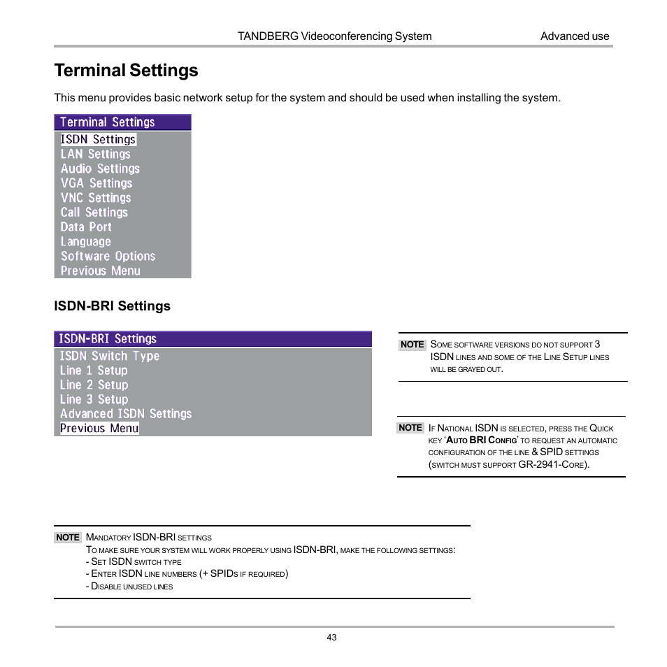 Terminal settings, Isdn-bri settings, Tandberg videoconferencing system | Advanced use | TANDBERG D12817-05 User Manual | Page 43 / 82