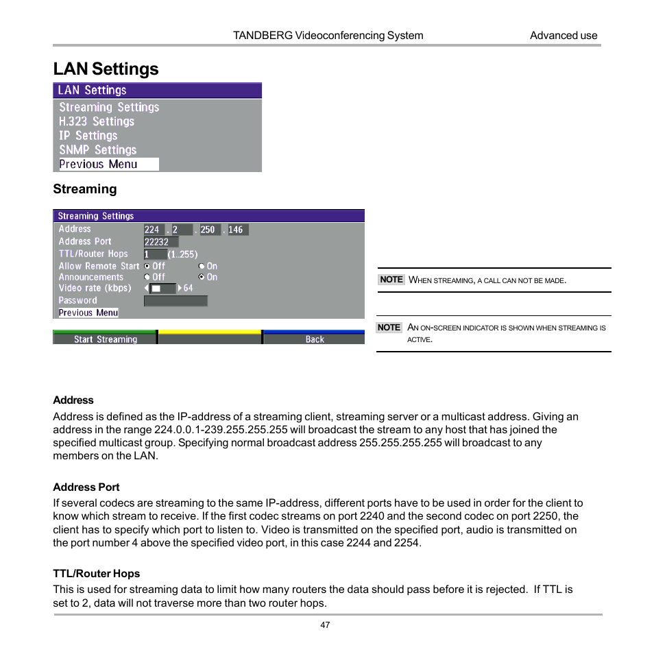 Lan settings, Streaming | TANDBERG D12817-05 User Manual | Page 47 / 82