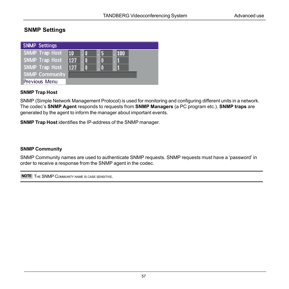 Snmp settings | TANDBERG D12817-05 User Manual | Page 57 / 82