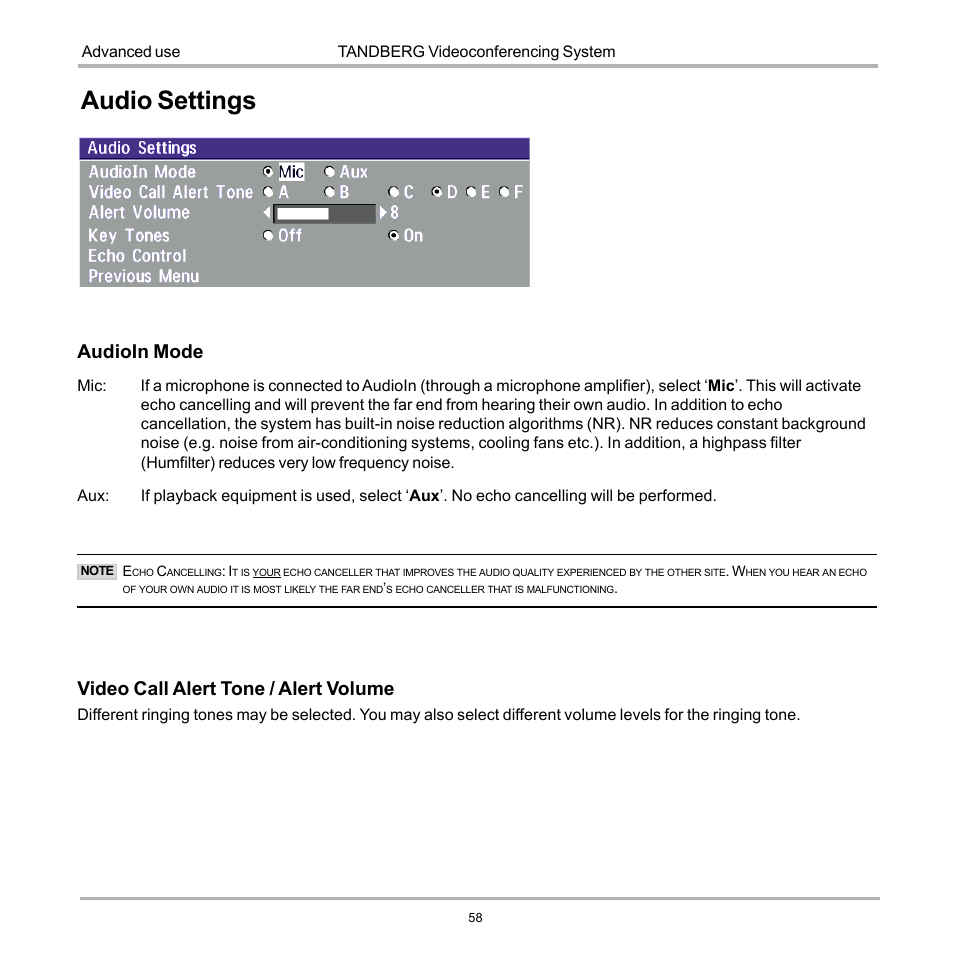 Audio settings, Video call alert tone / alert volume, Audioin mode | TANDBERG D12817-05 User Manual | Page 58 / 82