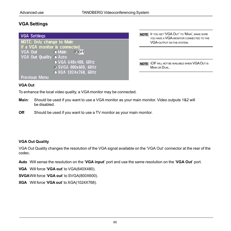 Vga settings | TANDBERG D12817-05 User Manual | Page 60 / 82
