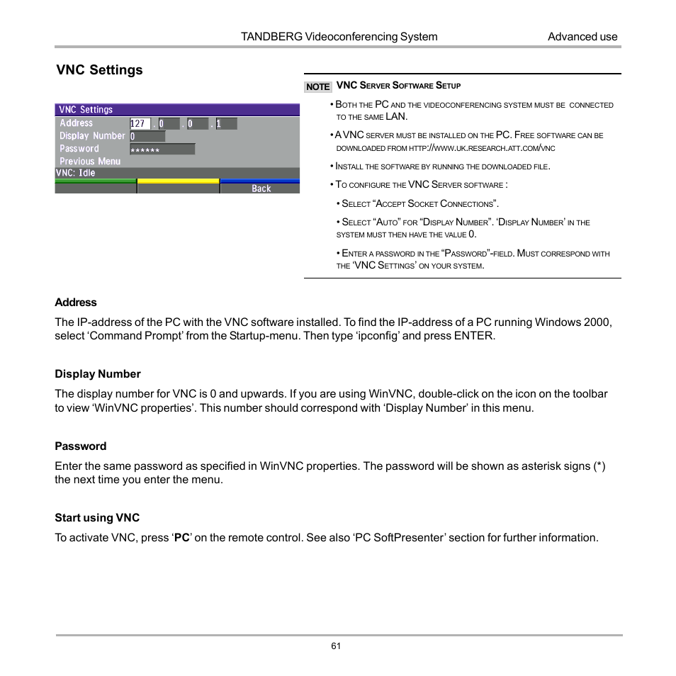 Vnc settings, Tandberg videoconferencing system | TANDBERG D12817-05 User Manual | Page 61 / 82