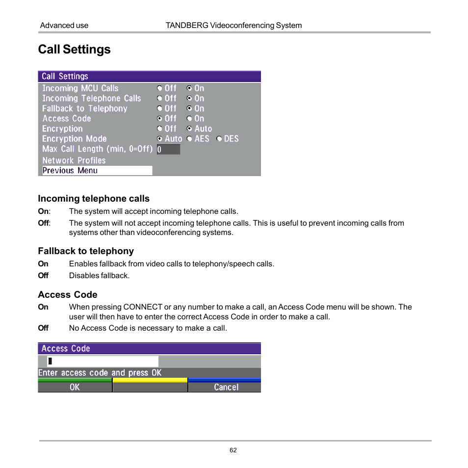 Call settings | TANDBERG D12817-05 User Manual | Page 62 / 82