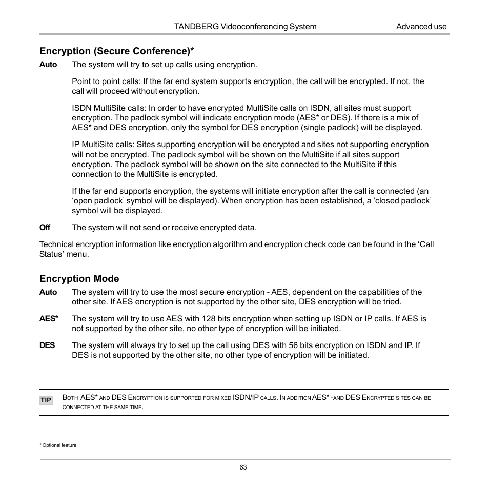 Encryption (secure conference), Encryption mode | TANDBERG D12817-05 User Manual | Page 63 / 82