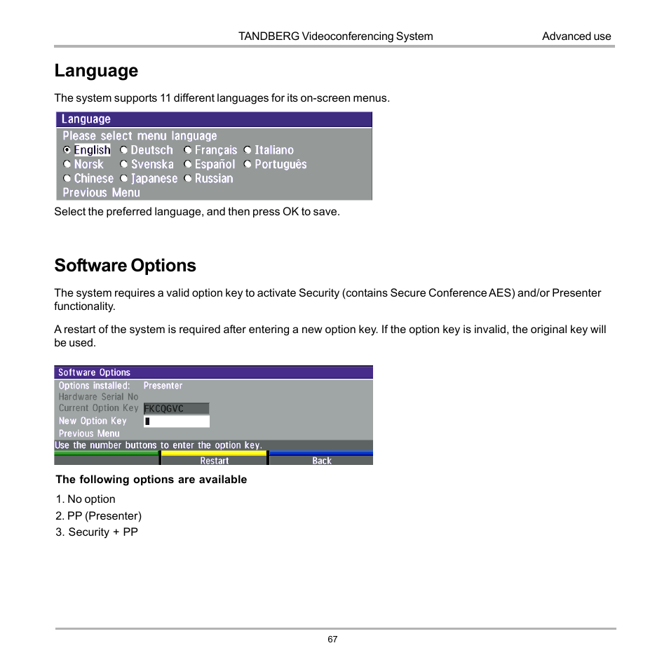 Language, Software options, Language software options | TANDBERG D12817-05 User Manual | Page 67 / 82