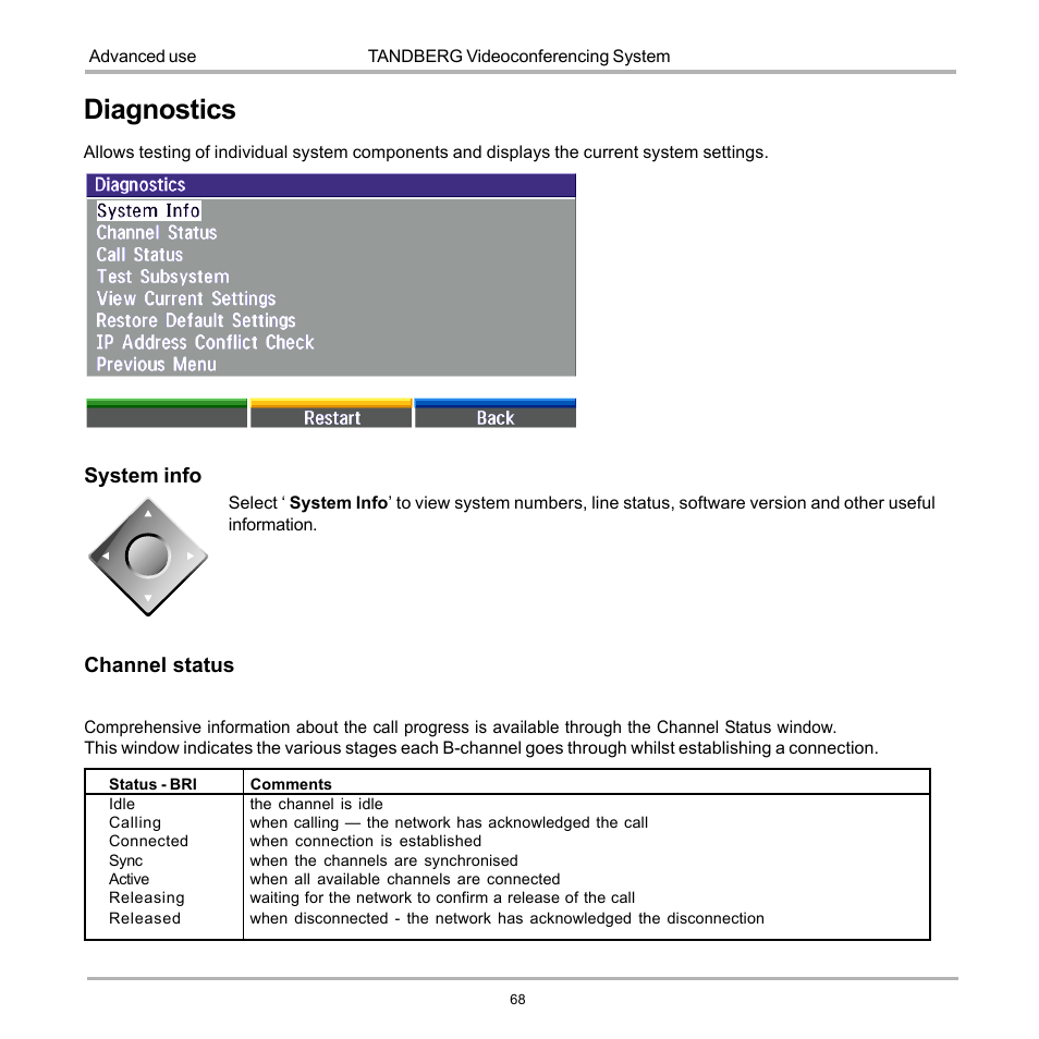 Diagnostics, System info, Channel status | TANDBERG D12817-05 User Manual | Page 68 / 82