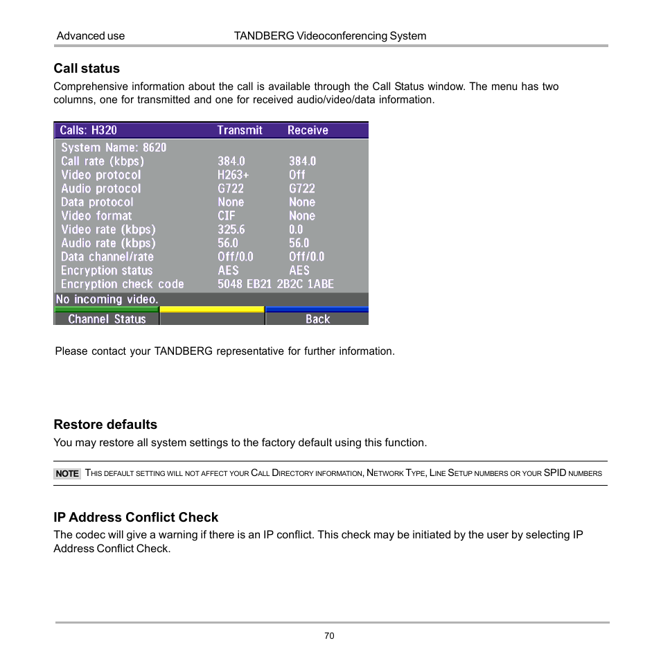 Restore defaults, Call status, Ip address conflict check | TANDBERG D12817-05 User Manual | Page 70 / 82