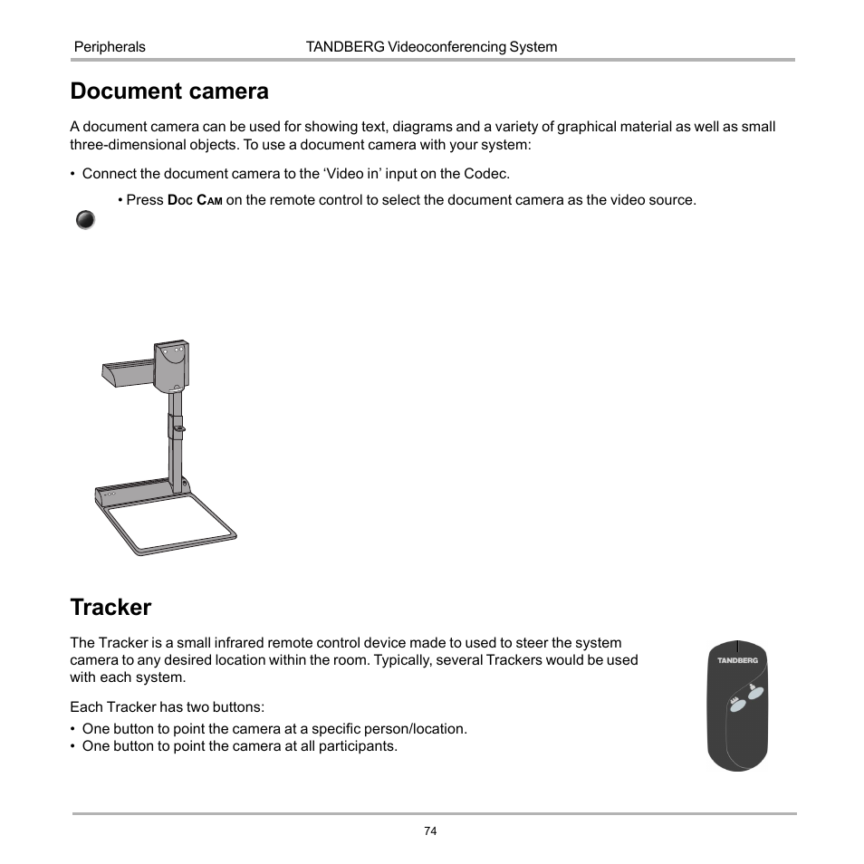 Document camera, Tracker, Document camera tracker | TANDBERG D12817-05 User Manual | Page 74 / 82