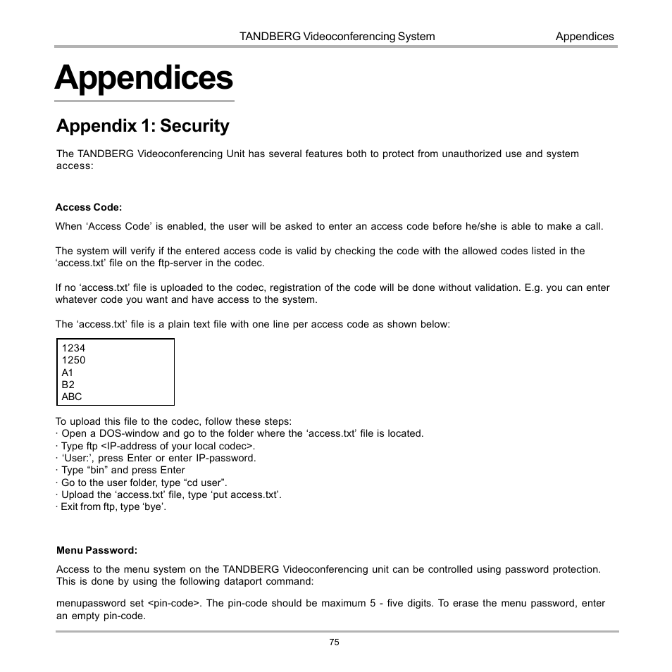 Appendices, Appendix 1: security | TANDBERG D12817-05 User Manual | Page 75 / 82