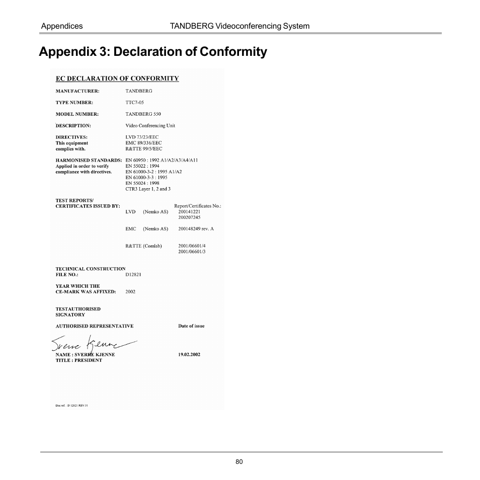 Appendix 3: declaration of conformity | TANDBERG D12817-05 User Manual | Page 80 / 82