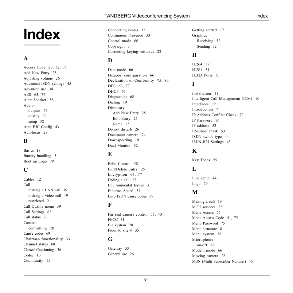 Index | TANDBERG D12817-05 User Manual | Page 81 / 82