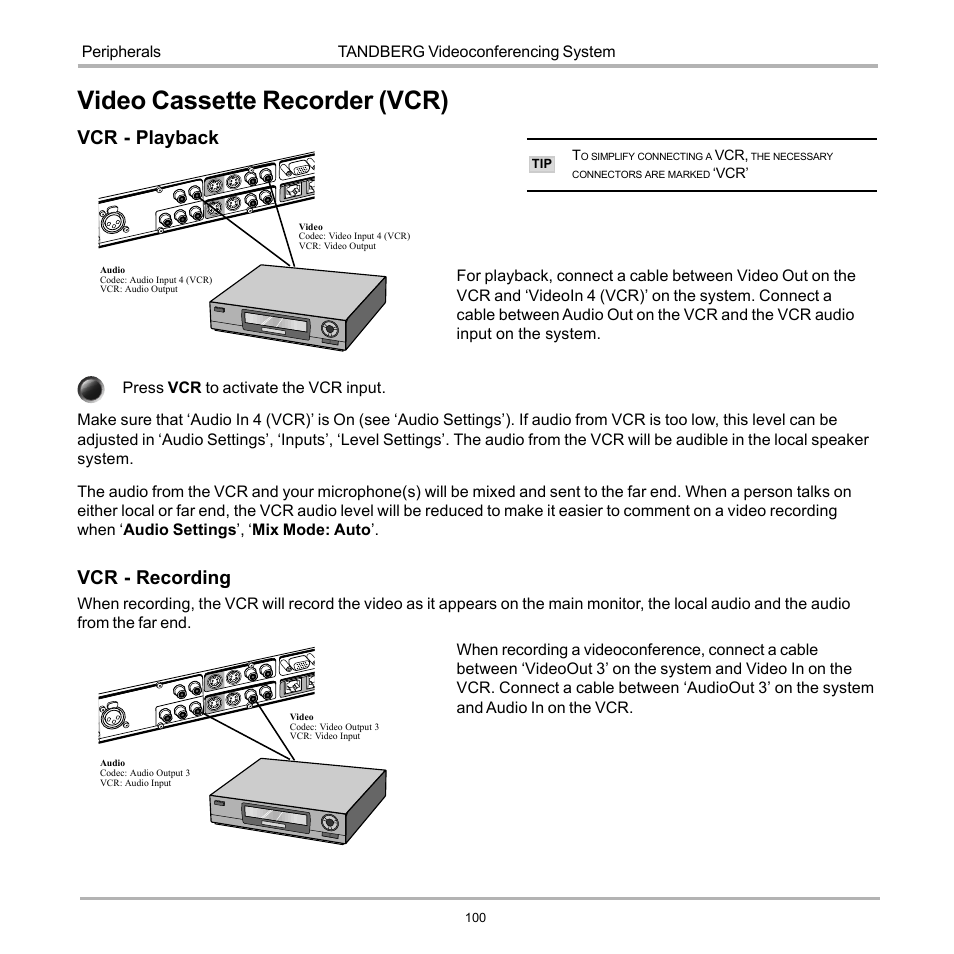 Video cassette recorder (vcr), Vcr - playback, Vcr - recording | TANDBERG D12155-10 User Manual | Page 100 / 116
