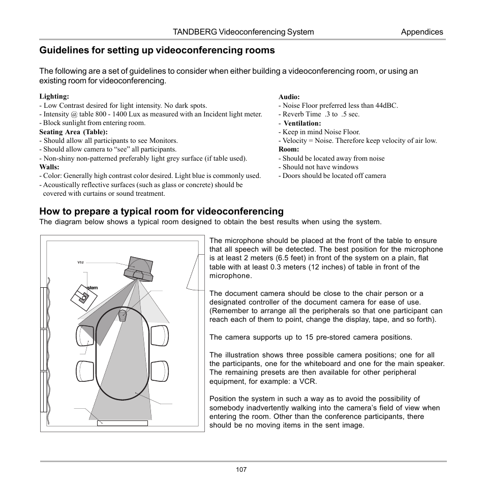 Guidelines for setting up videoconferencing rooms, Tandberg videoconferencing system, Appendices | TANDBERG D12155-10 User Manual | Page 107 / 116