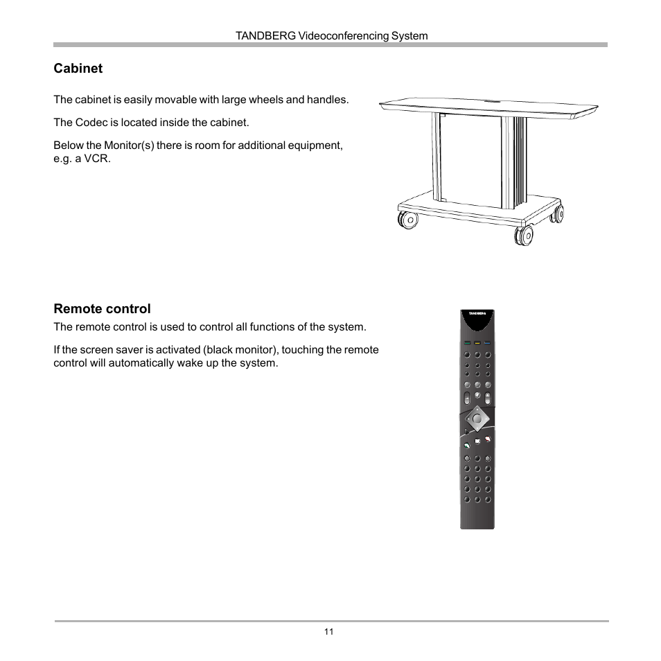 Cabinet, Remote control, Tandberg videoconferencing system | TANDBERG D12155-10 User Manual | Page 11 / 116