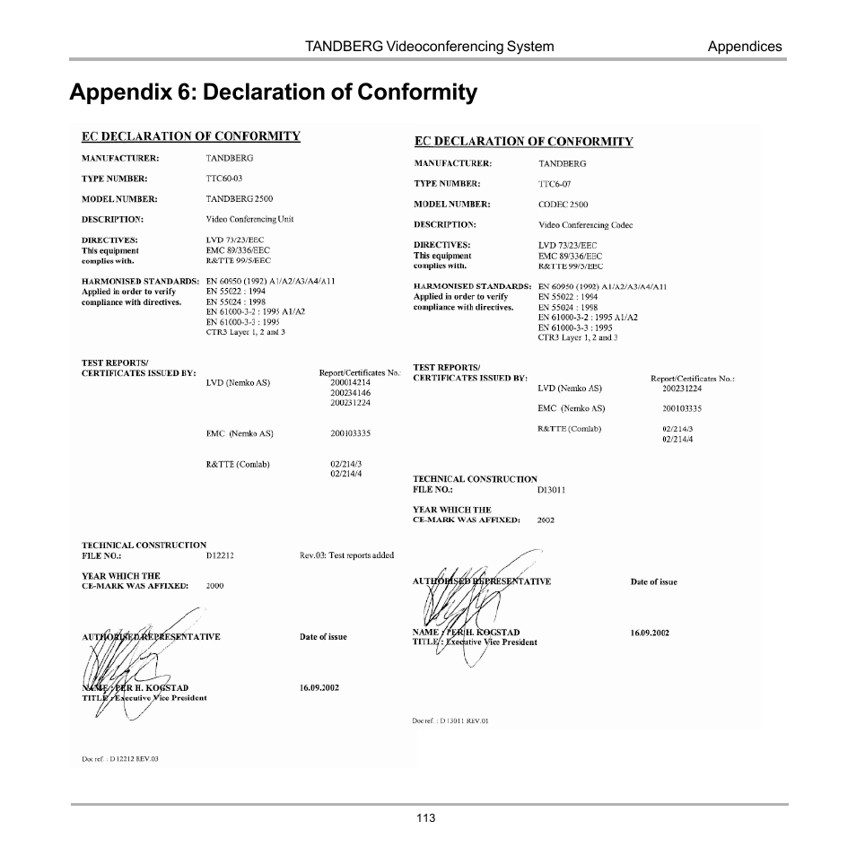 Appendix 6: declaration of conformity | TANDBERG D12155-10 User Manual | Page 113 / 116