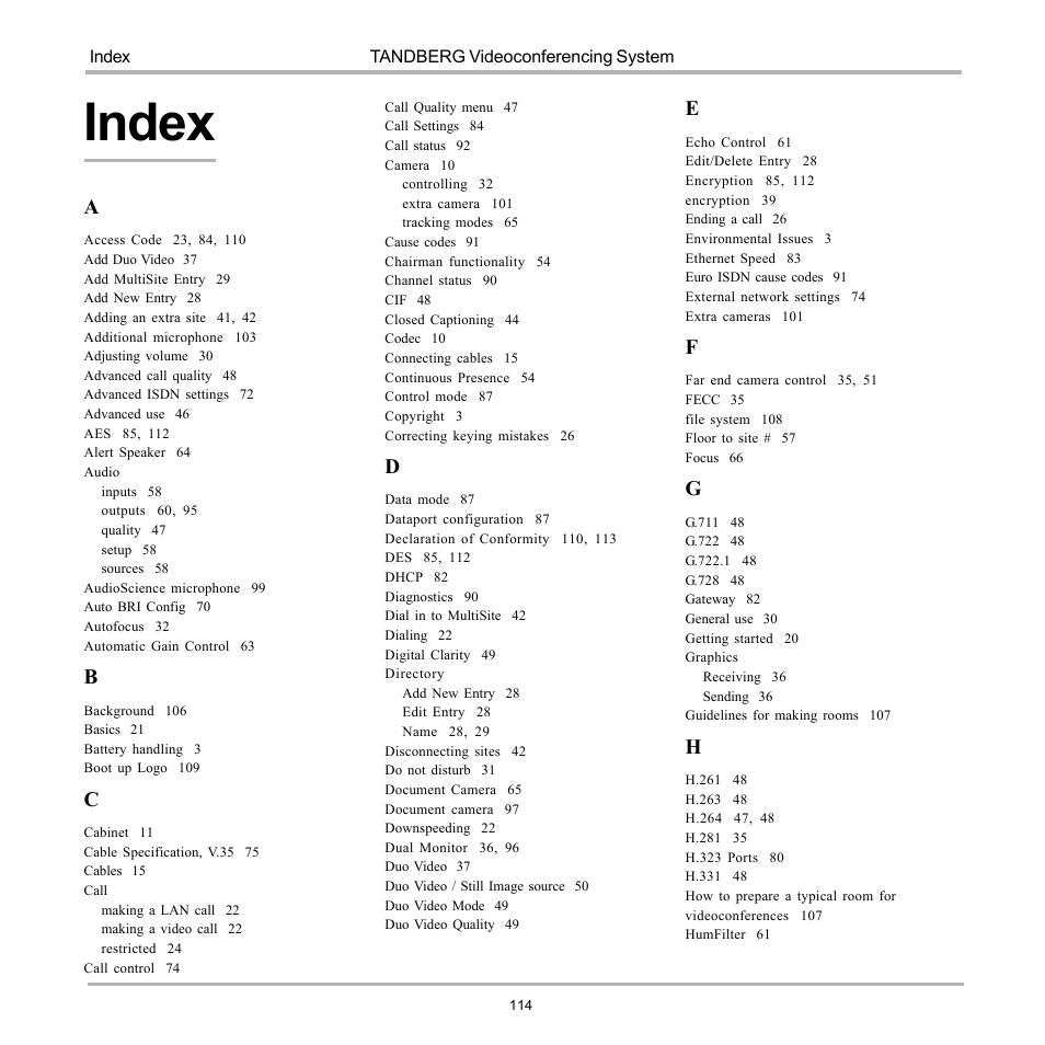 Index | TANDBERG D12155-10 User Manual | Page 114 / 116