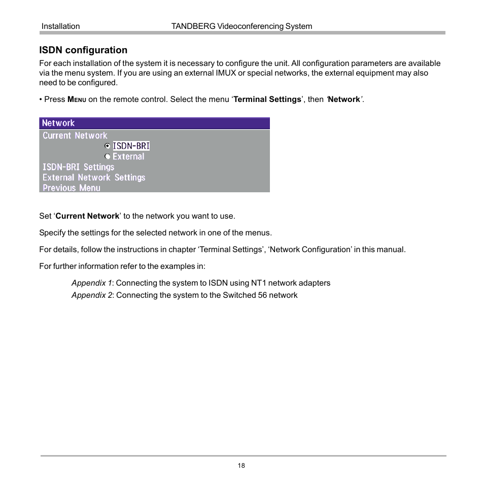 Isdn configuration | TANDBERG D12155-10 User Manual | Page 18 / 116