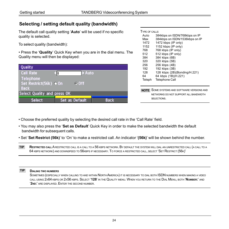Selecting / setting default quality (bandwidth), Tandberg videoconferencing system getting started | TANDBERG D12155-10 User Manual | Page 24 / 116