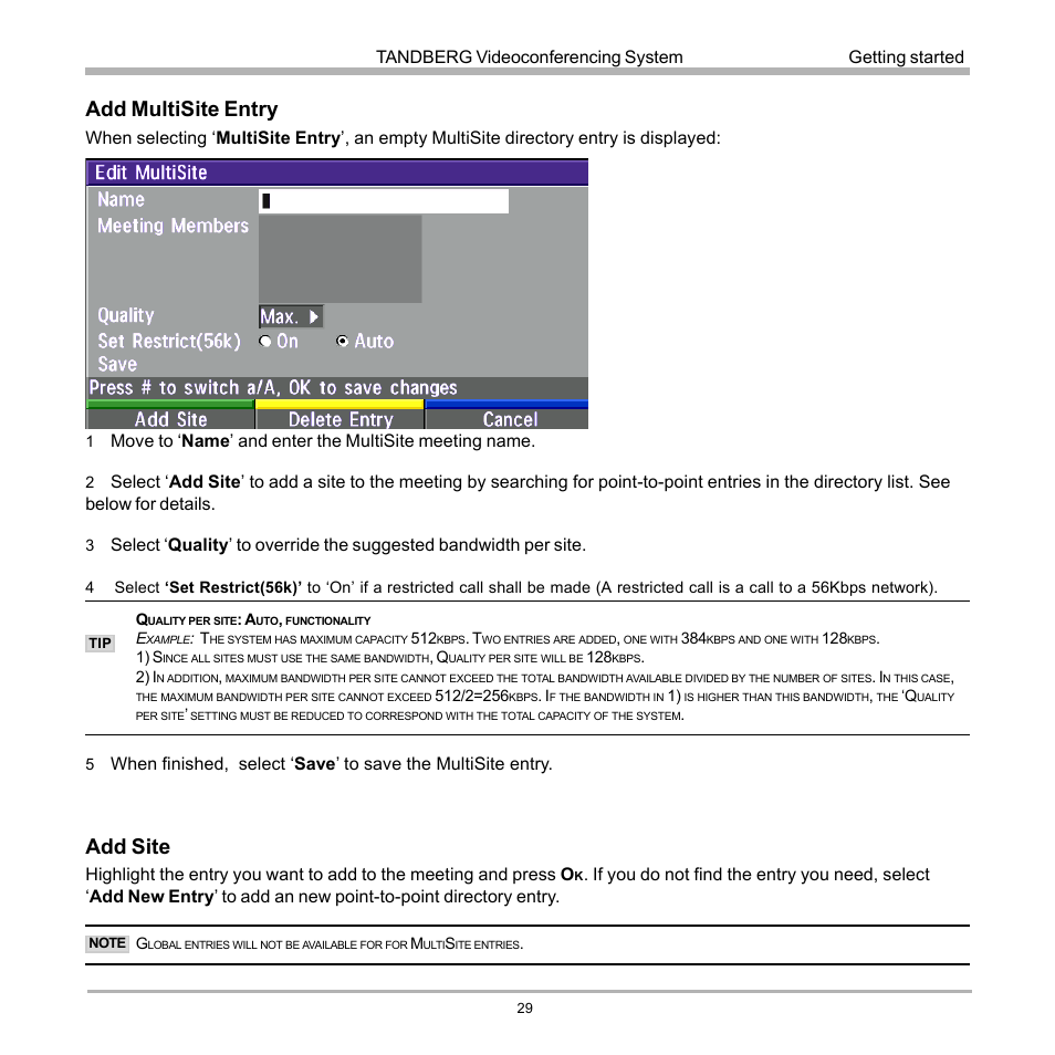 Add multisite entry, Add site, Tandberg videoconferencing system | Getting started | TANDBERG D12155-10 User Manual | Page 29 / 116