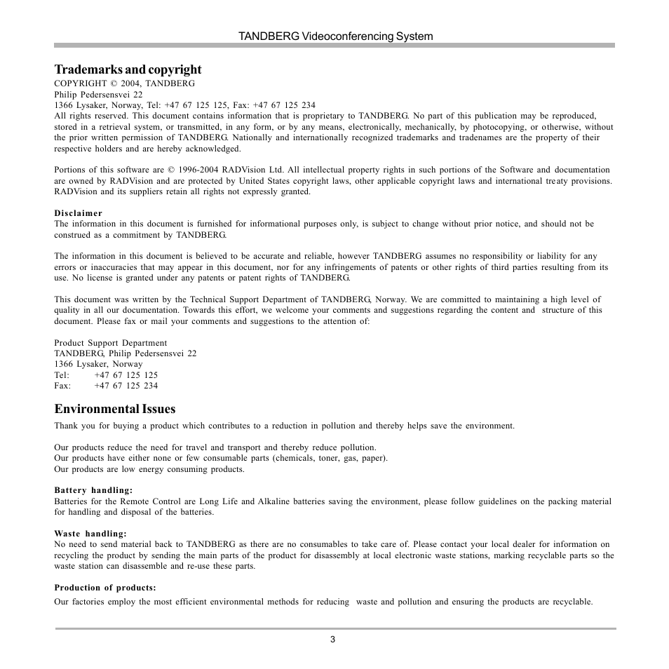 Environmental issues, Trademarks and copyright | TANDBERG D12155-10 User Manual | Page 3 / 116