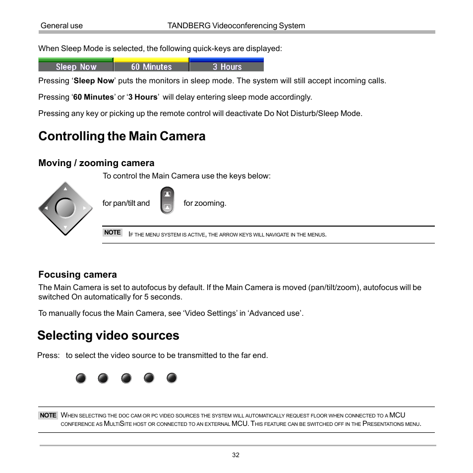 Selecting video sources, Controlling the main camera, Moving / zooming camera | Focusing camera | TANDBERG D12155-10 User Manual | Page 32 / 116