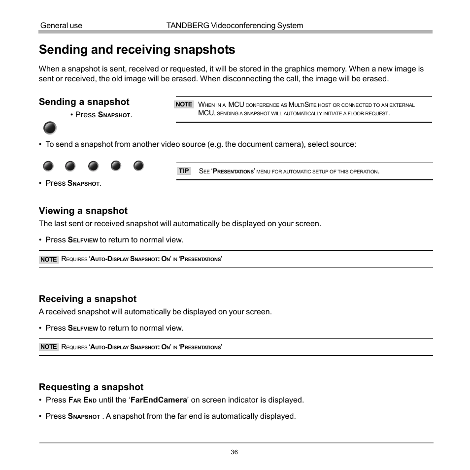 Sending and receiving snapshots, Sending a snapshot, Viewing a snapshot | Receiving a snapshot, Requesting a snapshot | TANDBERG D12155-10 User Manual | Page 36 / 116