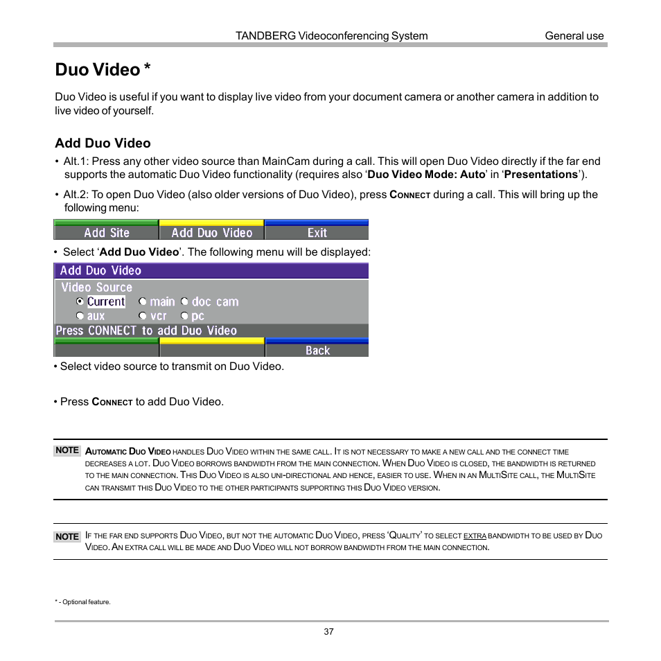 Duo video, Add duo video, Tandberg videoconferencing system | General use | TANDBERG D12155-10 User Manual | Page 37 / 116