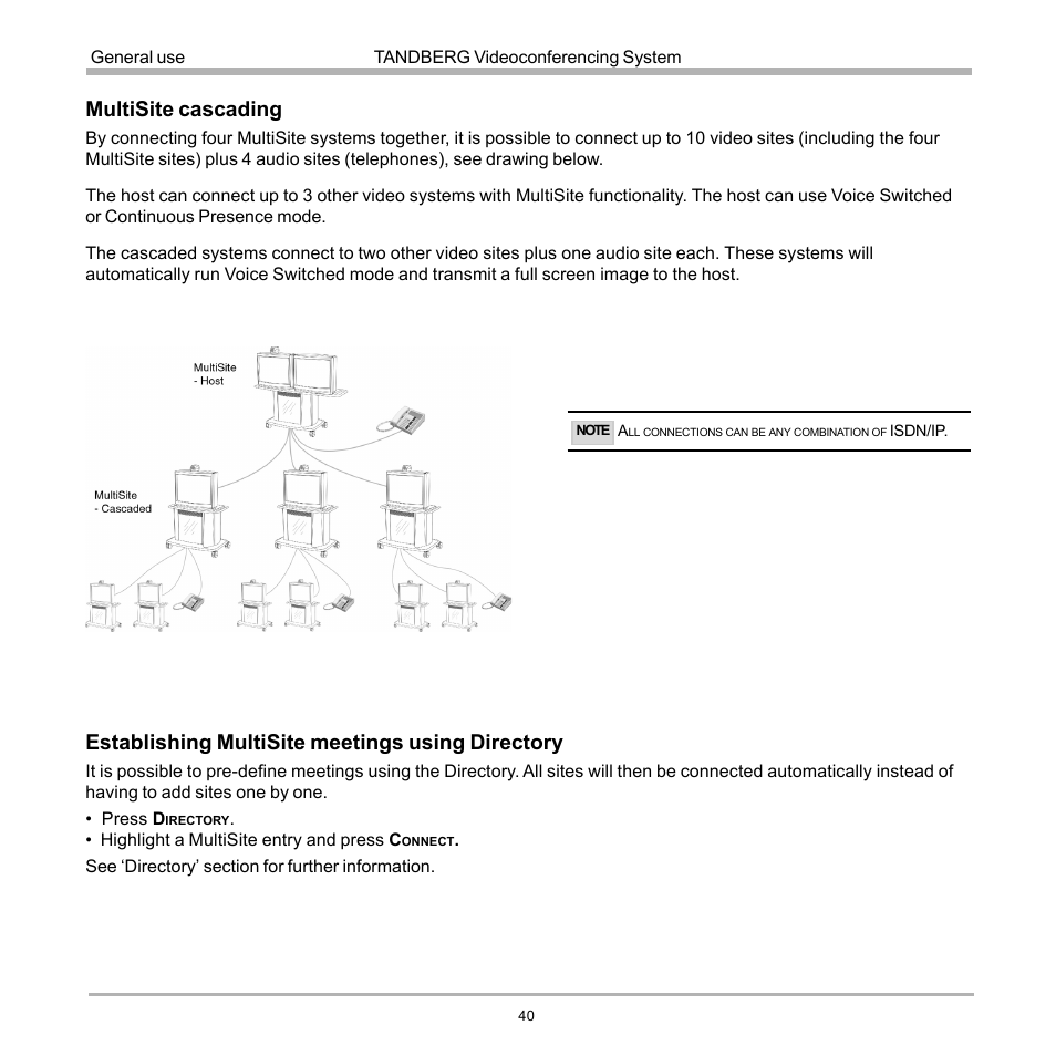 Multisite cascading, Establishing multisite meetings using directory | TANDBERG D12155-10 User Manual | Page 40 / 116