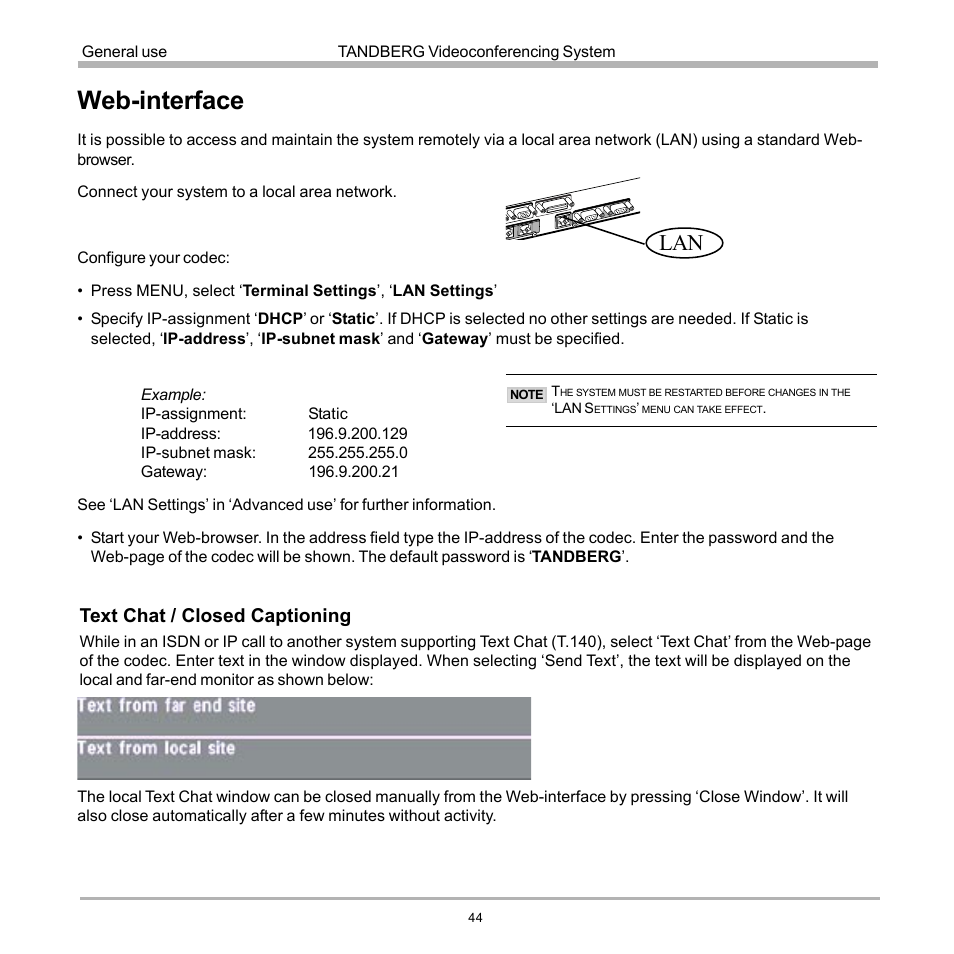 Web-interface, Text chat / closed captioning | TANDBERG D12155-10 User Manual | Page 44 / 116