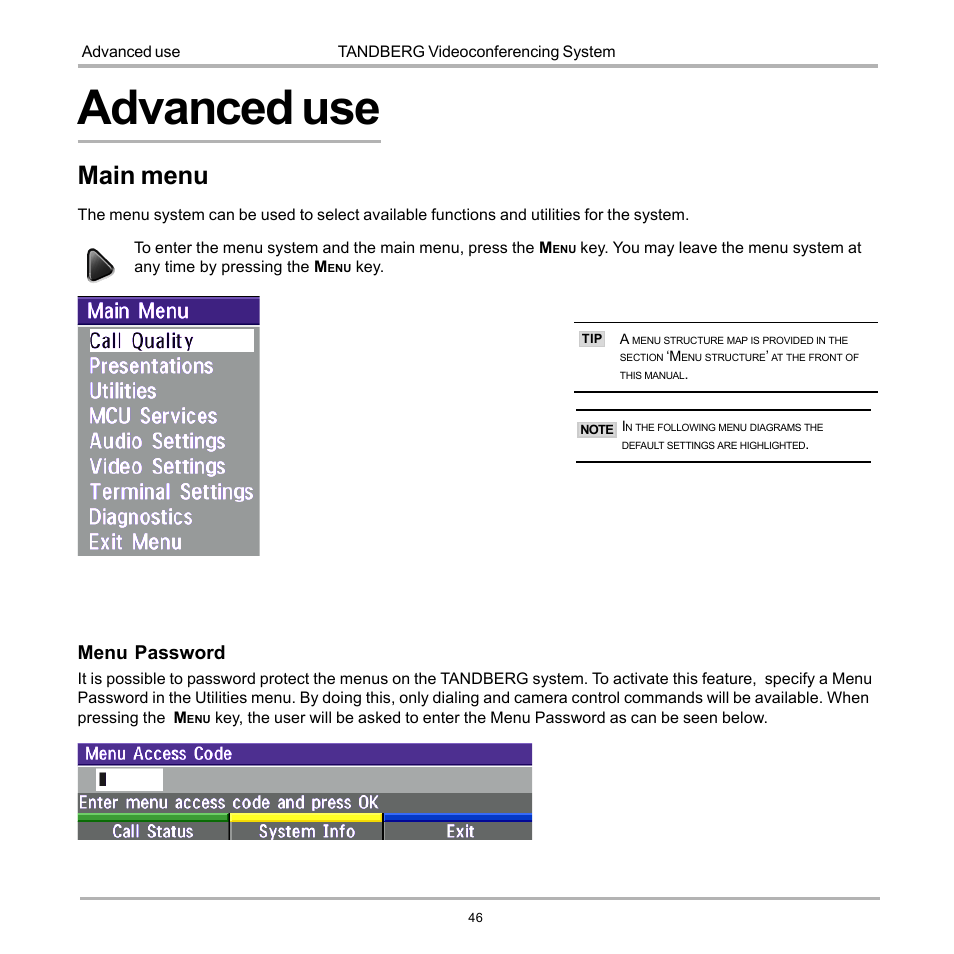 Advanced use, Main menu, Menu password | TANDBERG D12155-10 User Manual | Page 46 / 116