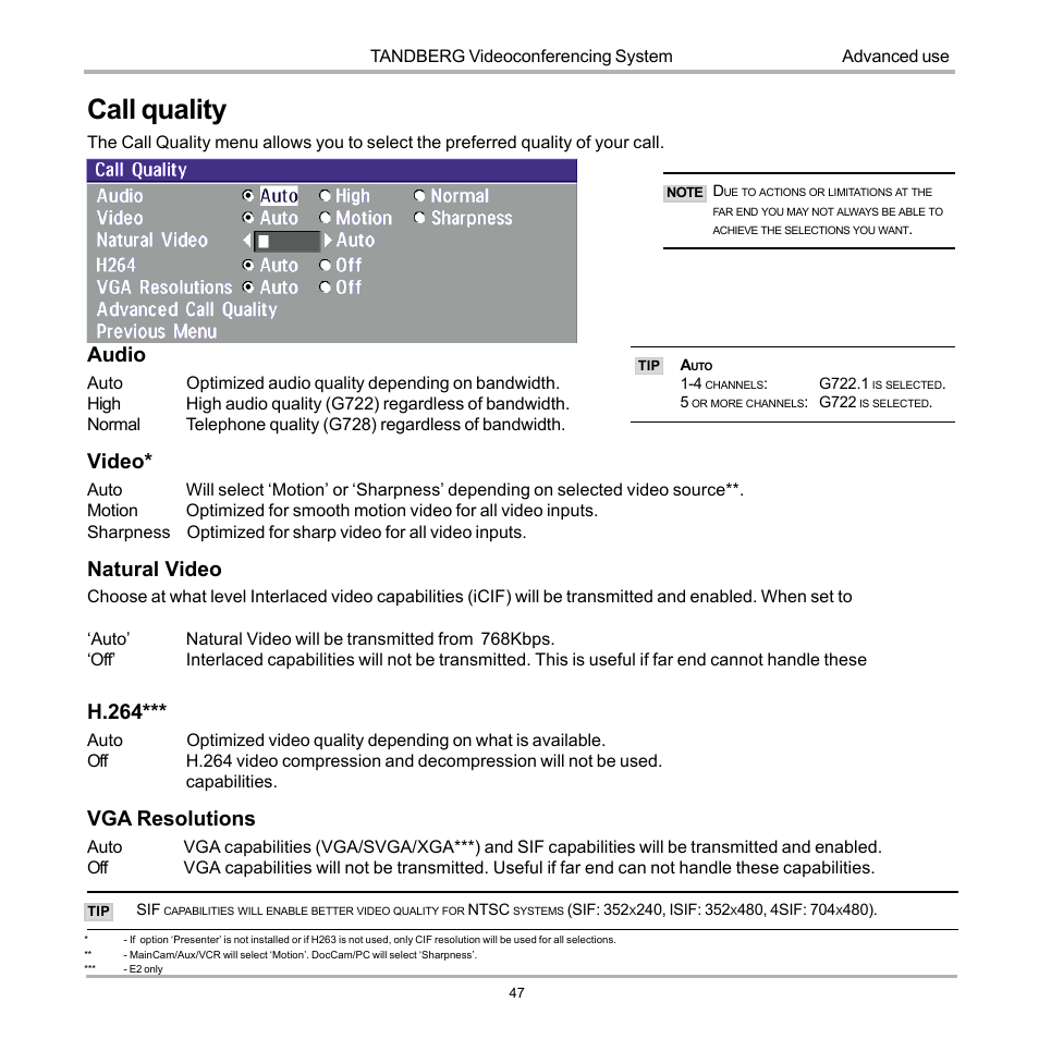 Call quality, Audio, Video | Natural video, H.264, Vga resolutions | TANDBERG D12155-10 User Manual | Page 47 / 116