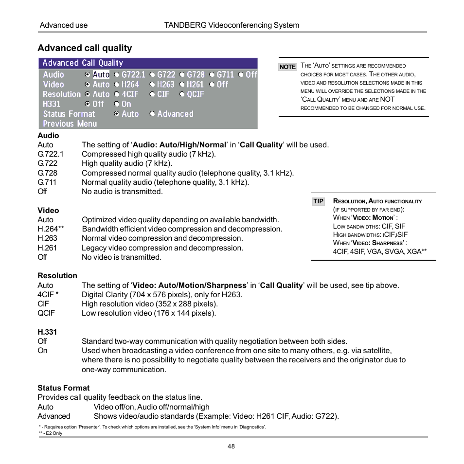 Advanced call quality | TANDBERG D12155-10 User Manual | Page 48 / 116